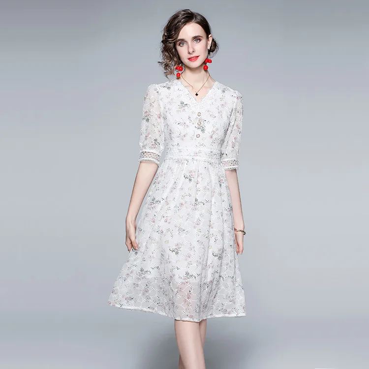 2025 Summer New V-neck Lace Embroidered Chiffon French Palace Style Floral Long Dress Office Lady Skirt dress for women