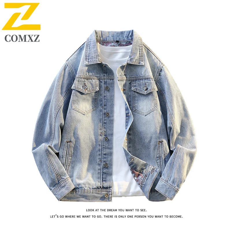 Mens Vintage Denim Jacket Korean Style Waterproof Windproof Streetwear Coat Breathable Loose Fit Autumn Outdoor Casual Outerwear