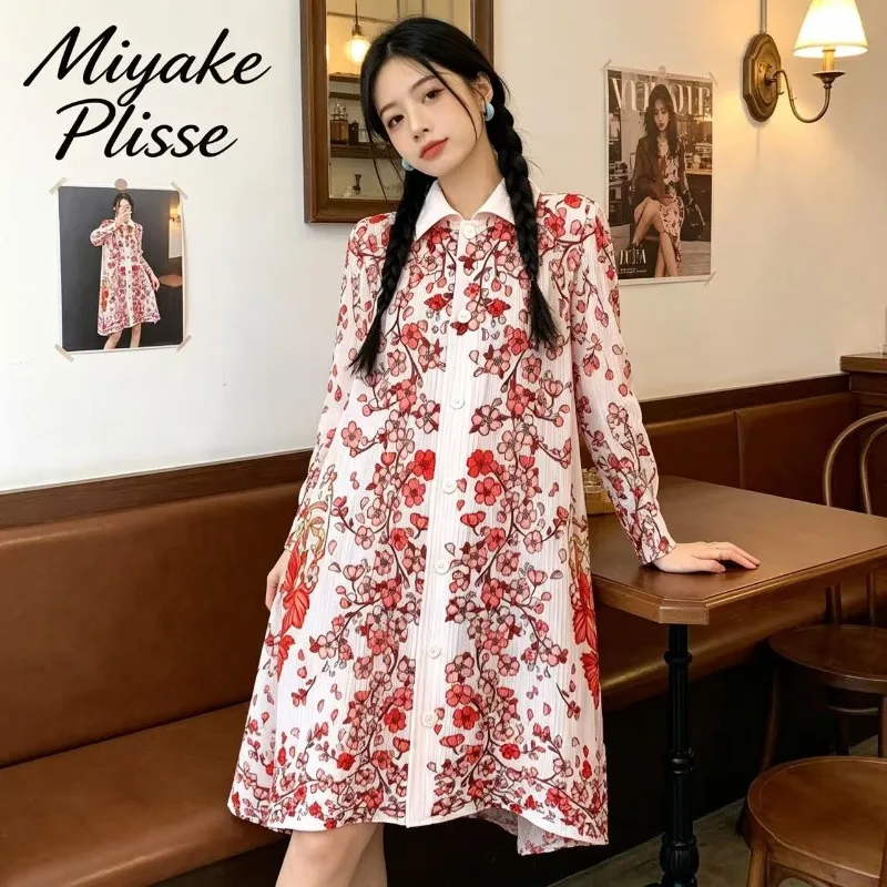 Miyake Pleated Women's Clothing 2026 Autumn New Lapel Collar Printed Jacket Single-Breasted Long-Sleeve Cardigan Plus Size Pleat