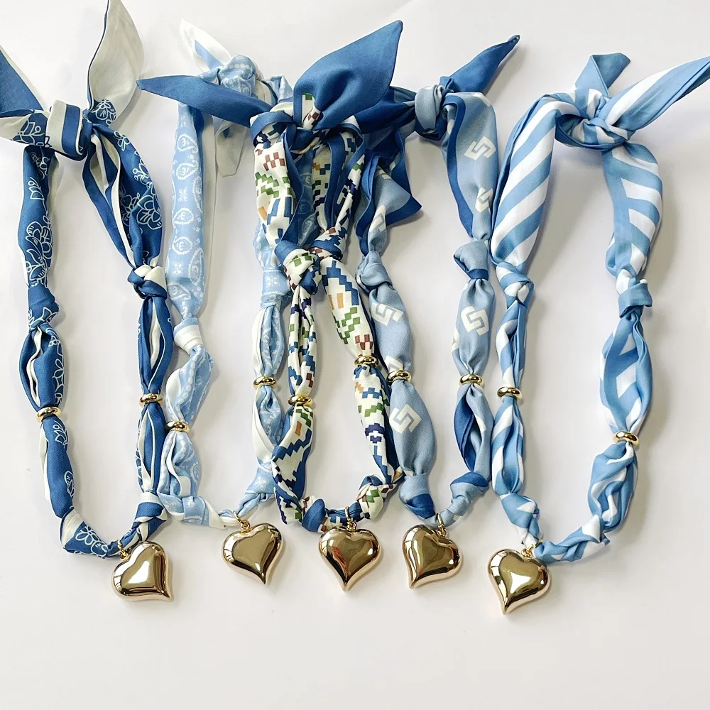 Handmade Blue Khaki Scarf Necklaces with Stainless Steel Heart Pendant Adjustable Stacking Jewelry
