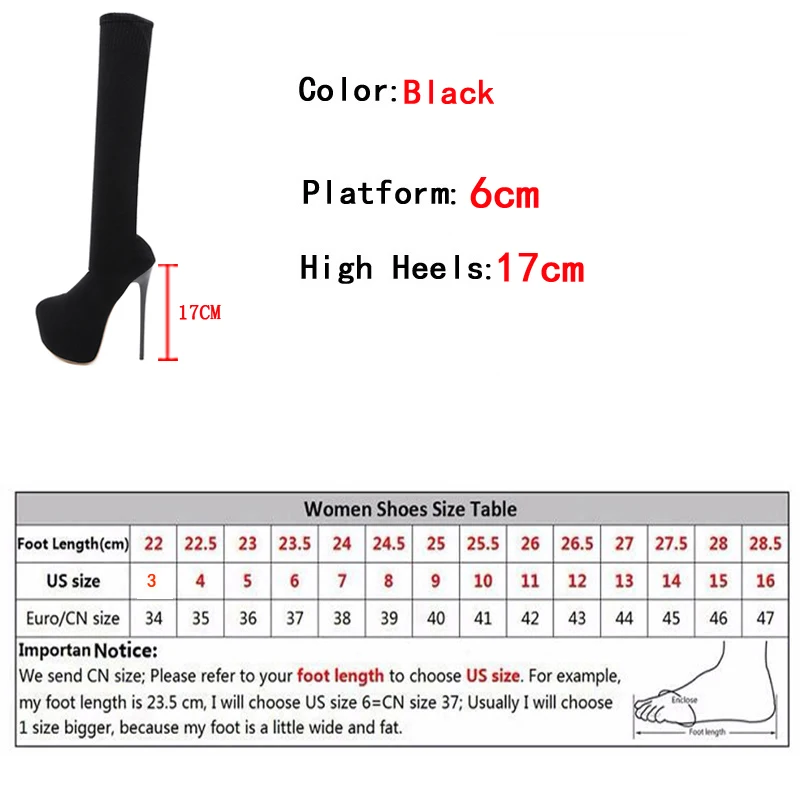 Hlieny Fashion Platform Woman Over Knee Winter Boot Womens Black Knitting Round Toe Thigh High Long Socks Lady Shoes Size 35-42