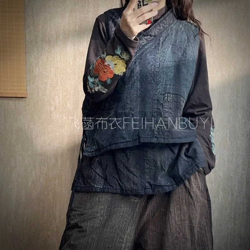 

2026 New Arrival Autumn/winter Women Casual V-neck Single Breasted Vest Vintage Asymmetric Cotton Outerwear & Coats F159