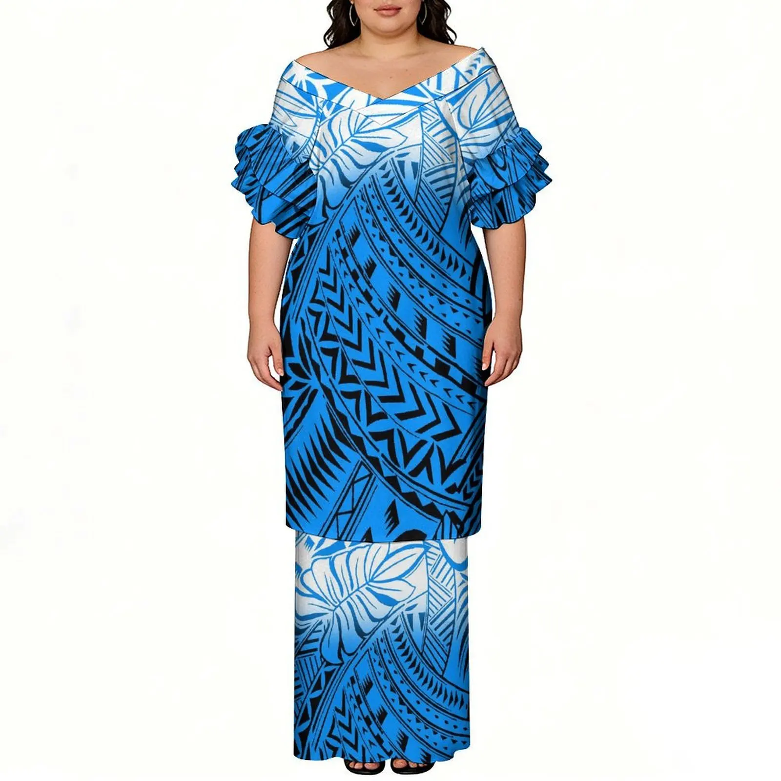 Summer Customized  Breathable Fabric Polynesia Lotus Sleeves Two-Piece  Floor-Length Dress  3d Printed Pattern Puletasi