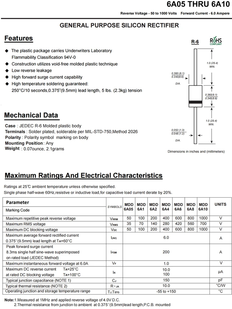 R-6 정류기 다이오드, 30A10, 20A10, 10A10, 6A10, 10A20, 6A, 10A, 20A, 30A, 1000V, 2000V, 20 개