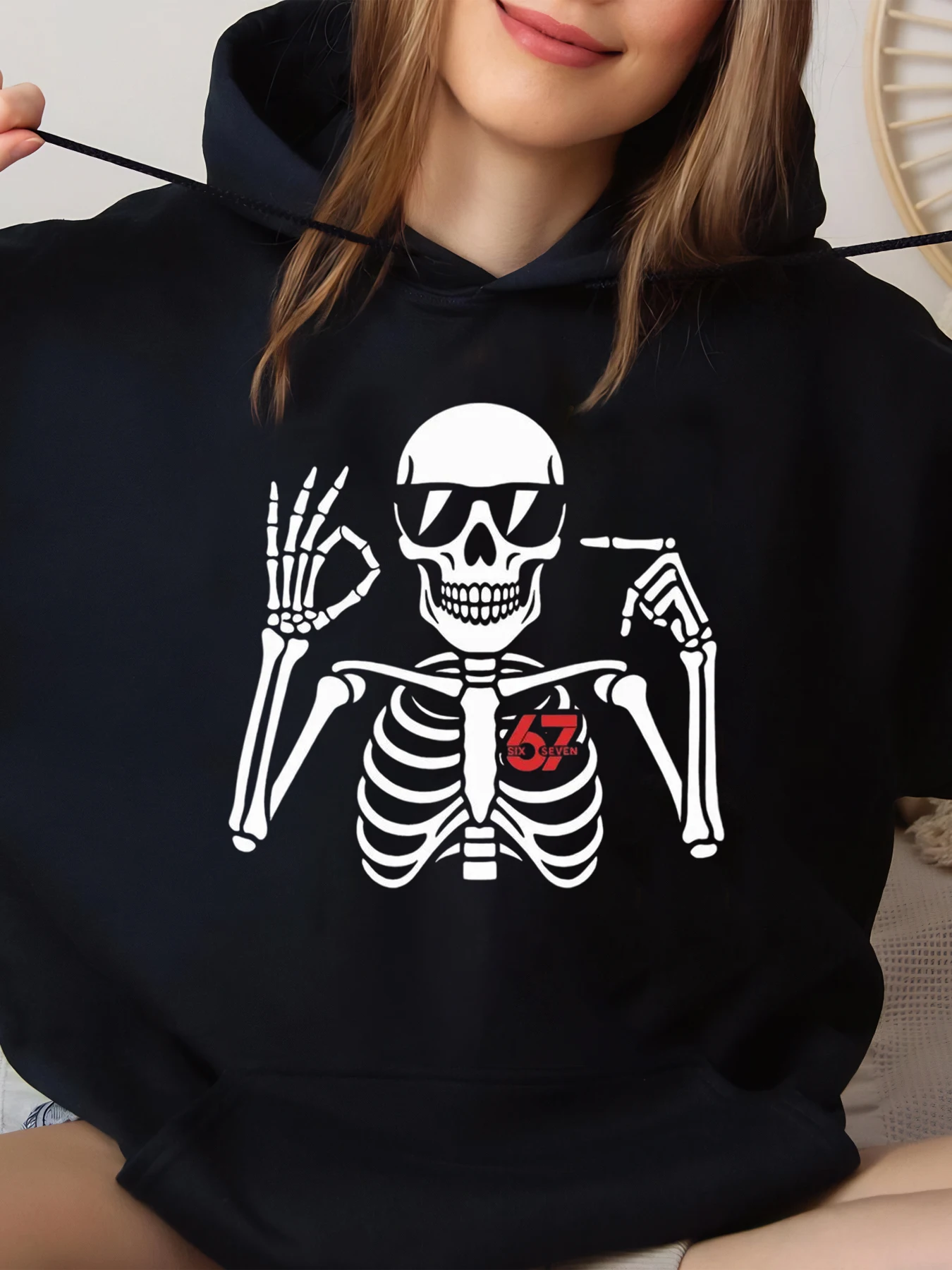 

Толстовка со скелетом и солнцезащитными очками и логотипом 67, толстовка на Хэллоуин для повседневной одежды, черный, большой размер