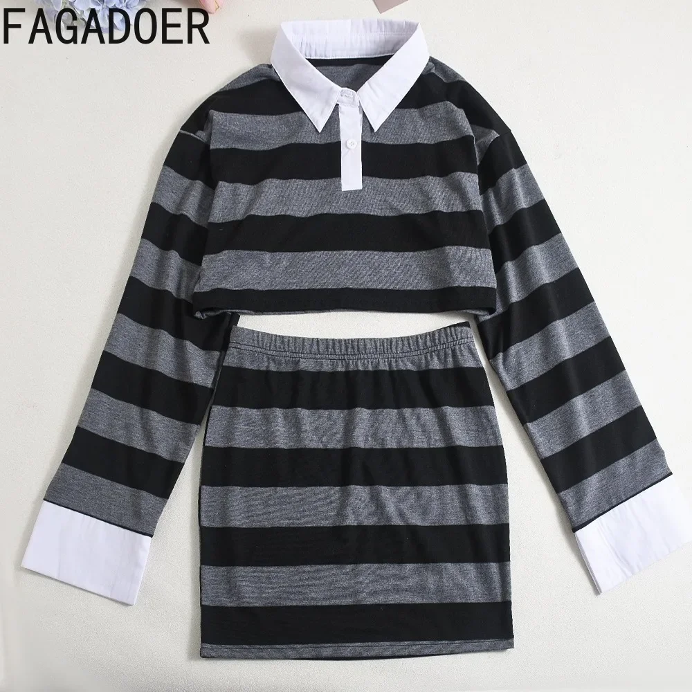 FAGADOER Stripe 2 Piece Sets Women Outfit Fashion Color Block Lapel Patchwork Crop Top + High Waist Mini Skirts Suit Autumn New