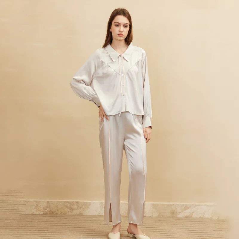 100% Mulberry Silk Women's Pajamas Homewear Suit High-end Long-sleeved Trousers Suit 2pieces Pyjamas Pants Two Piece Set