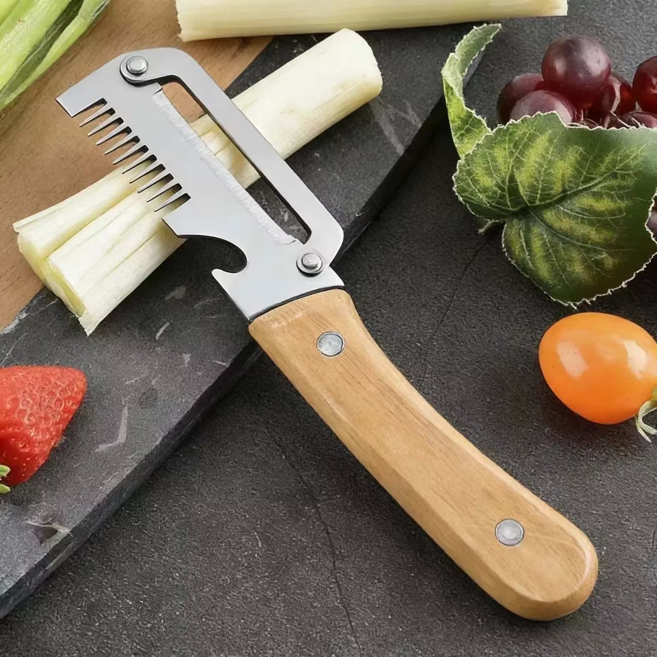 Pelador duradero de acero inoxidable con mango de madera para pelar y cortar de forma suave frutas y verduras