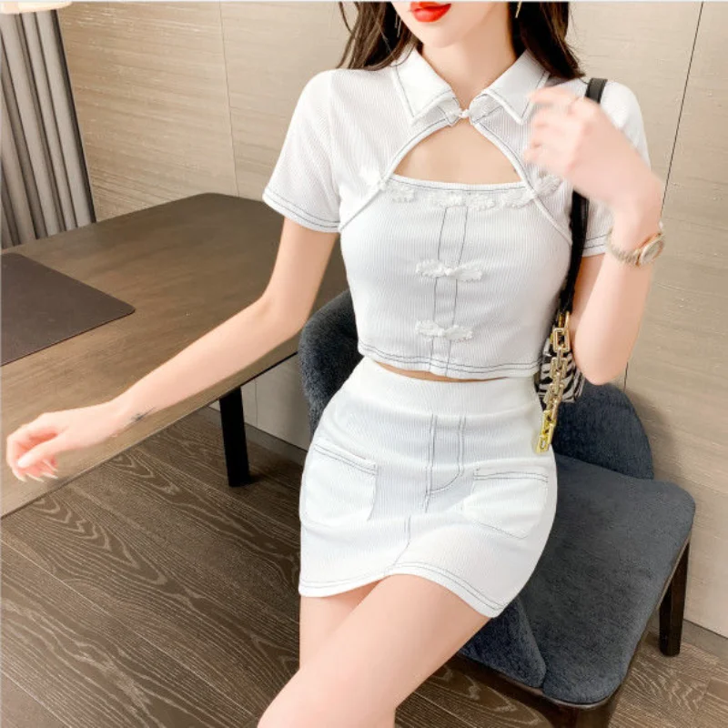 Skirts T-shirt Sets Women Empire Sexy Fashion Hollow Out Leisure Ladies Summer Turn-down Collar Vintage Sweet Daily Korean Style