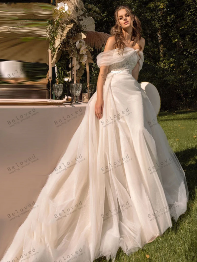 Vestidos nupciais de tule com arco para noivas, Vestidos de casamento clássicos, fora do ombro, vestido glamouroso