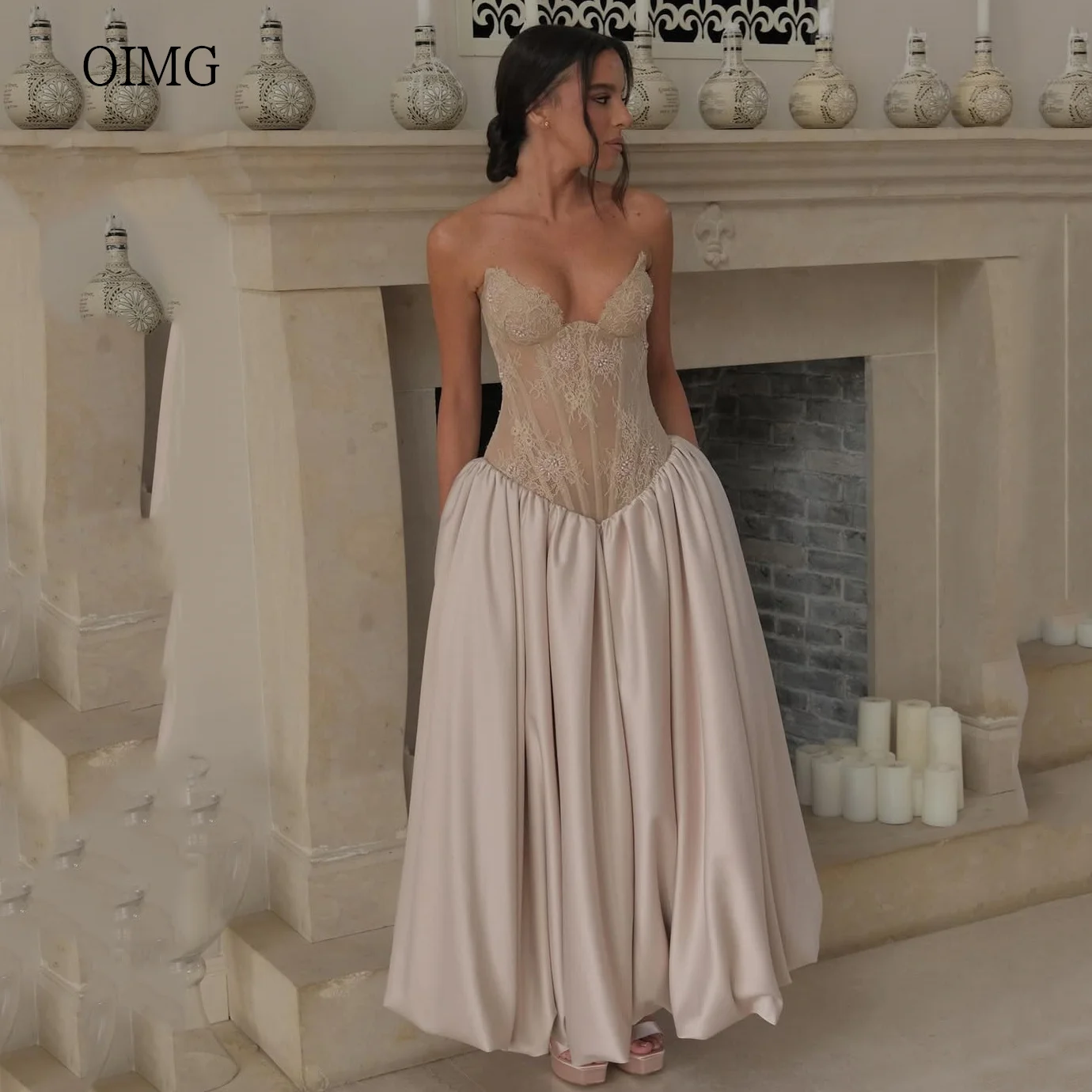 

OIMG Lace Sweetheart Neck A Line Prom Gowns Backless Formal Party Gown Ankle Length Evening Dress vestidos de gala Customized