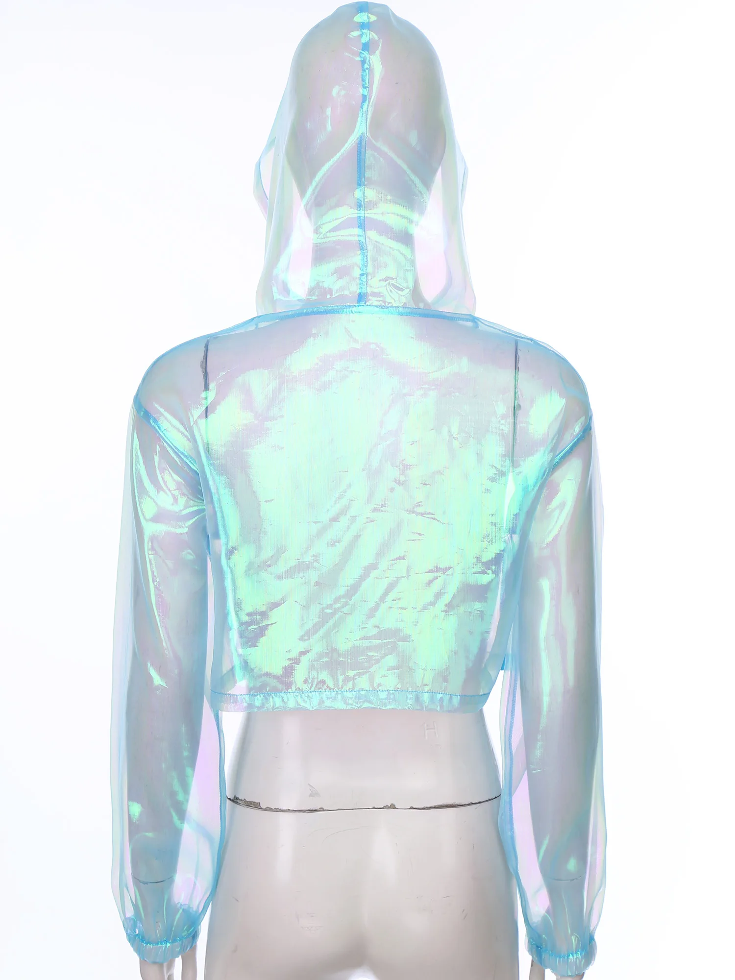 Vrouwen Sparkly Transparante Cropped Tops Danskostuum Sheer Capuchon Lange Mouwen Top Fashion Rave Carnaval Party Club Wear