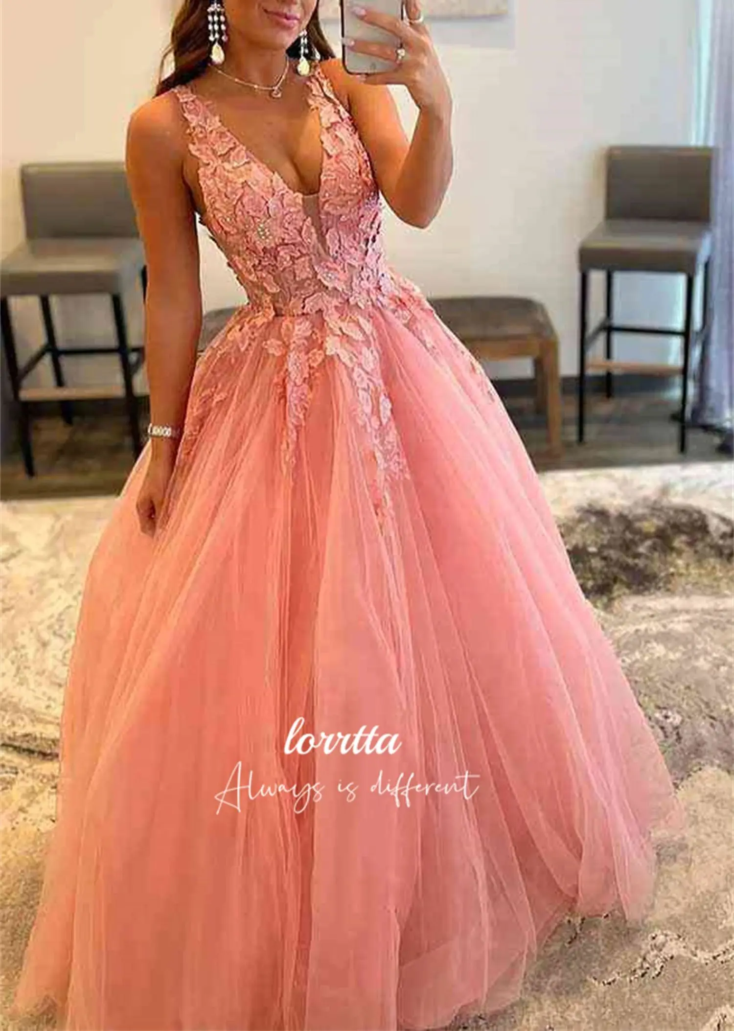 Lorrtta Woman Wedding Party Dress Mesh V-neck Line A Pink Graduation Gown Luxurious Evening Dresses 2024 Luxury Ball Gowns Prom