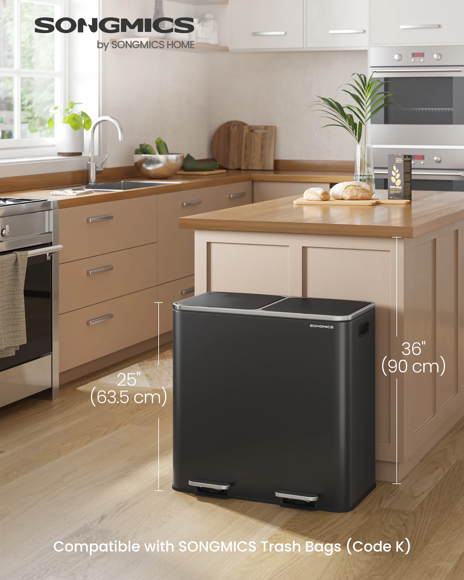 SONGMICS Trash Can, 2 x 10.6 Gallon (2 x 40 L) Garbage Can for Kitchen, with 15 Trash Bags, 2 Compartments, Plastic Inner Bucket