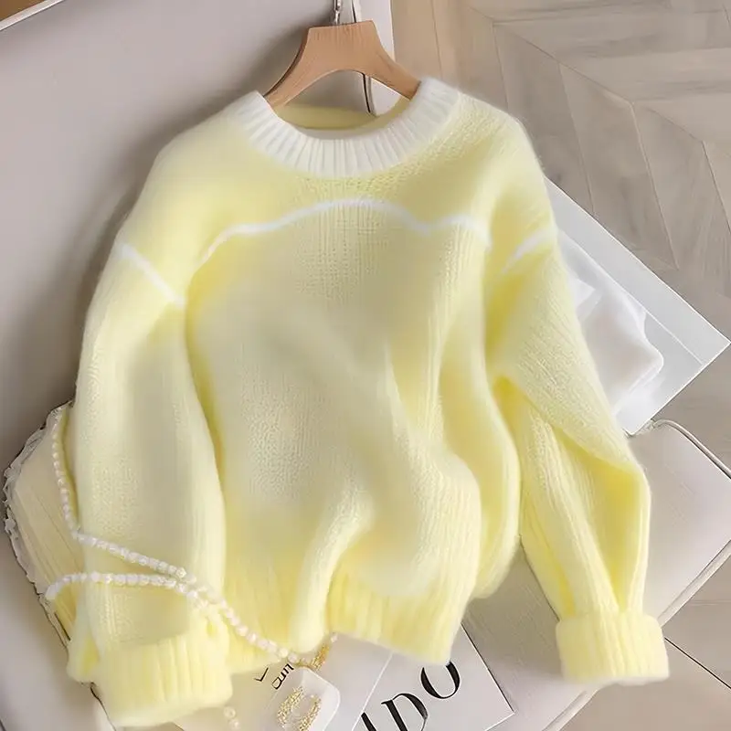 Loose Long Sleeved Knitted Sweater Women's Fashionable Round Neck Color Blocked Soft Warm Top Girls Sweet Yellow Pullover