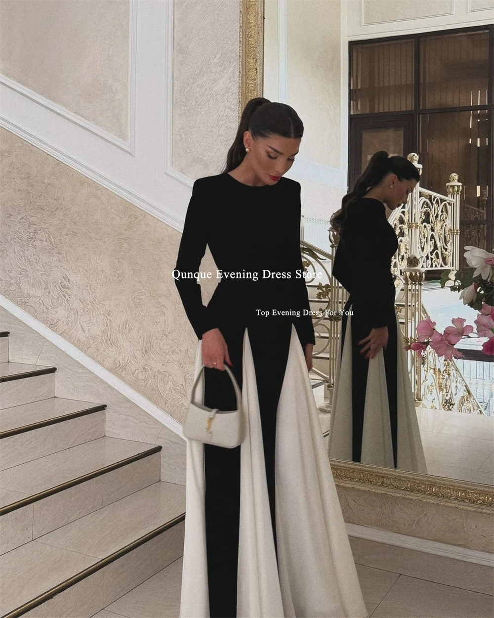 Qunque New A-line Long Prom Dress High Neck Customized Wedding Party Birthday Evening Gown Robes Black and white Vestido Fiesta