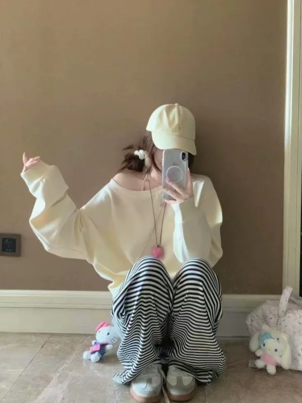 

Женская толстовка American High Street Sle с длинными рукавами, свободного кроя, с бантом на плече, шикарный тонкий топ для ранней осени