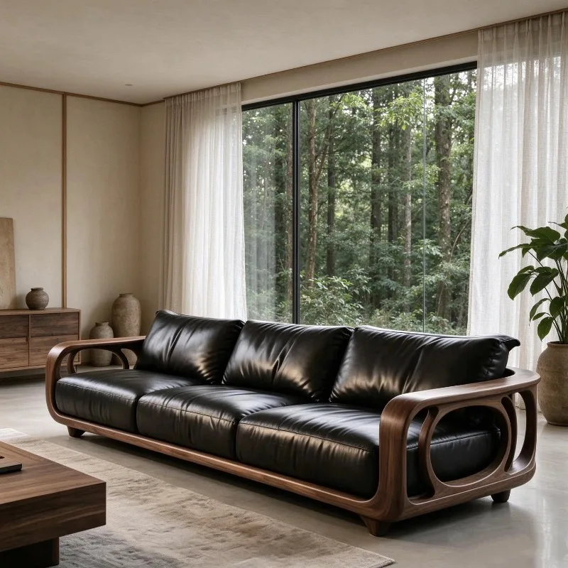Italian light luxury black walnut straight row sofa, large living room three-person sofa