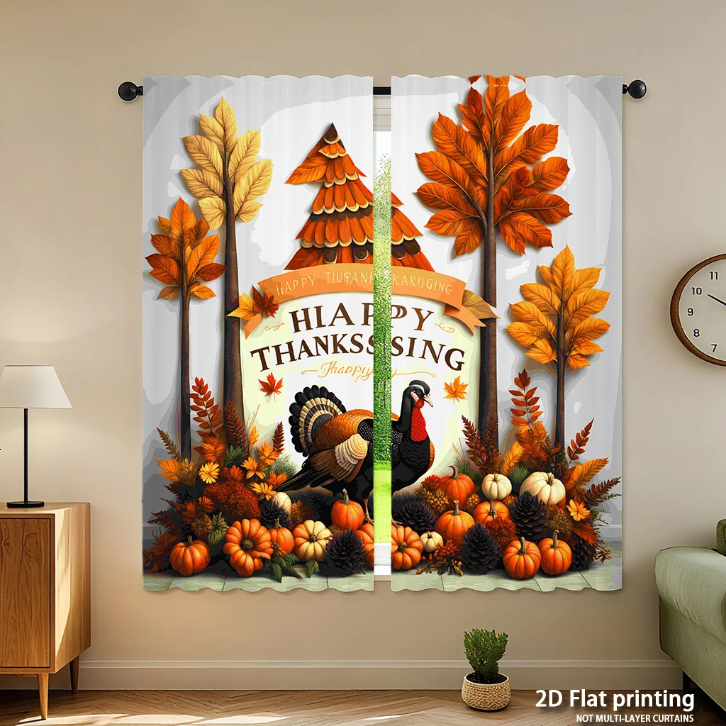 2-piece set of high-definition digital printed curtainsthanksgiving autumn colors leaves turkey pumpkins decorative elementsHome