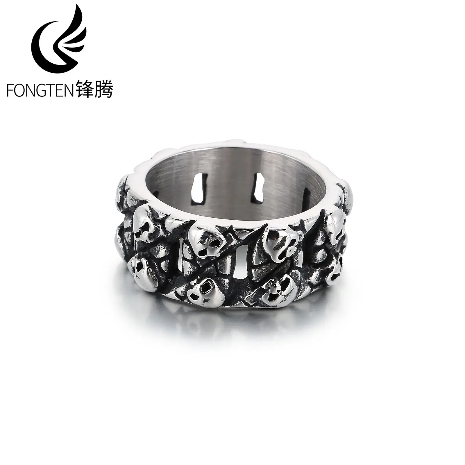 Fongten Geometric Skull Stainless Steel Men\'s Ring Metallic Hollow Design Finger accessories Punk Fashion Jewelry Banquet Gifts