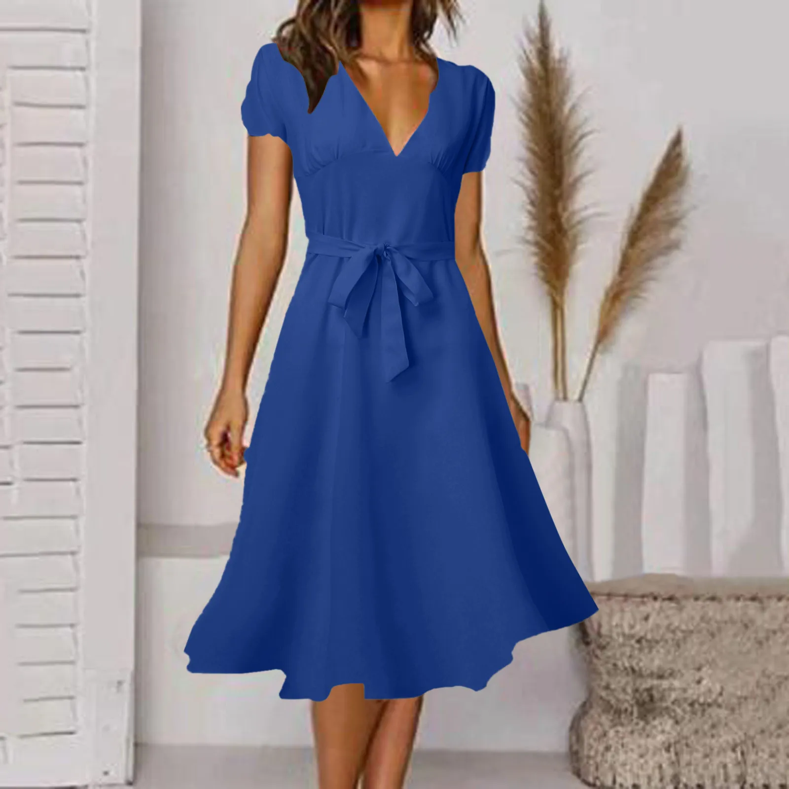 

Summer Dresses Sexy Outfits 2024 Plus Size V Neck Solid Color Strap Decoration Elegant Dress Female Vintage Casual Beach Dresses