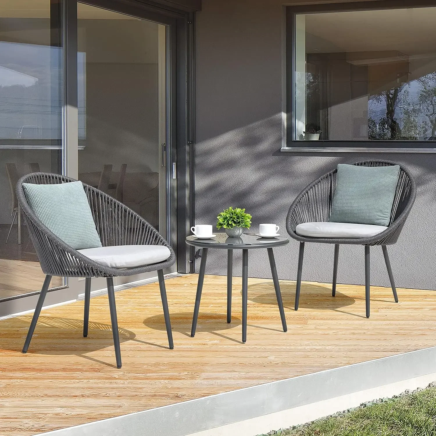 [Spedizione gratuita! ]Set da bistrot da esterno da 3 pezzi, set da patio per conversazione in corda intrecciata, sedie e tavolo per mobili da giardino per tutte le stagioni con