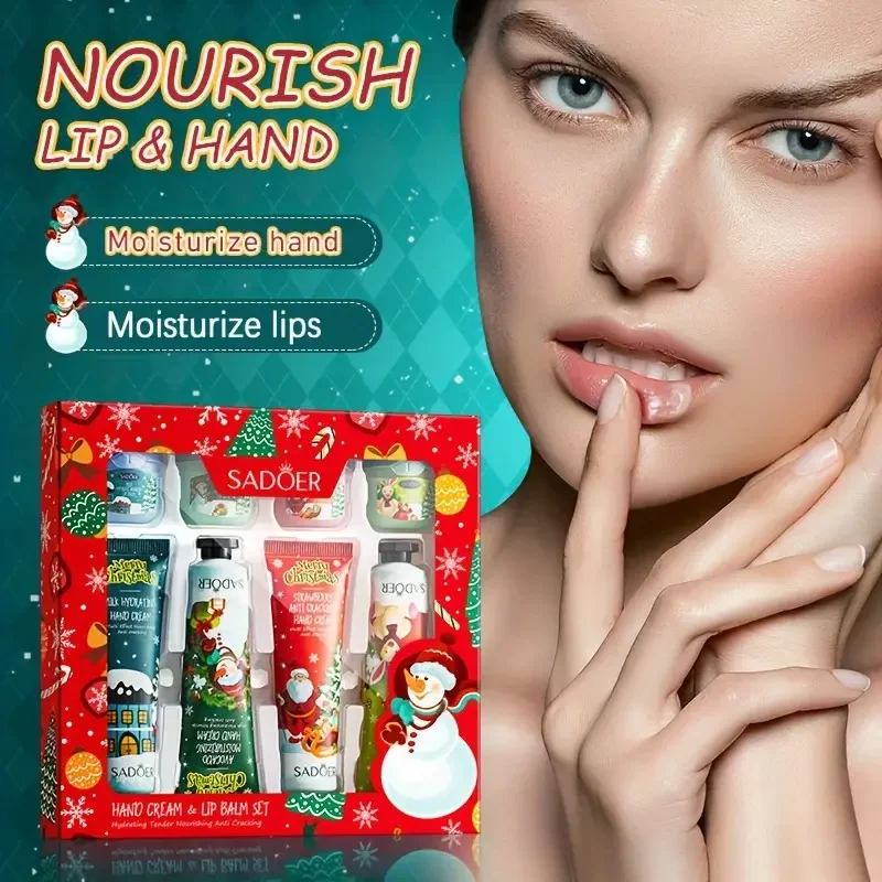 8PCS Christmas Moisturizing Anti-cracking Hand Cream and Lip Balm Combination Set,Hydrate,Moisturize Christmas Gift for Friends