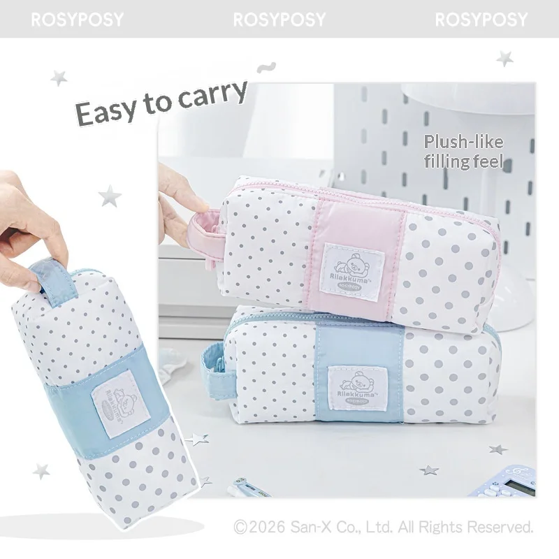 Rosyposy Rilakkuma Polka Dot Pencil Case Color Block Large Capacity Portable Stationery Bag With Handle For Female Office Use