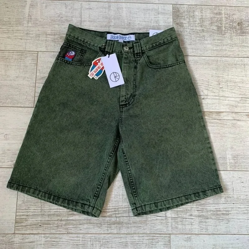 Harajuku-Short en jean vintage Y2K pour homme, jean vert polaire pour grand garçon, mode décontractée, short en denim express, hip hop populaire, short gothique taille haute