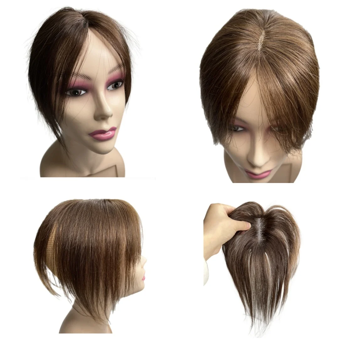 Postiches à Base de dentelle suisse faites à la main pour femmes, postiches 100% cheveux humains avec frange, couverture de cheveux gris respirante