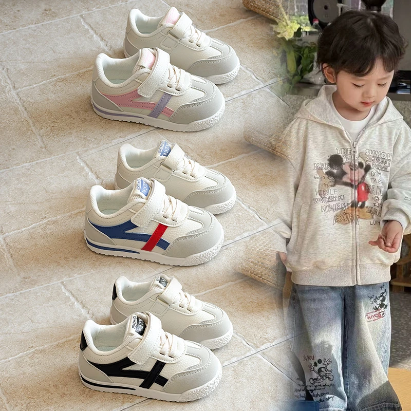 

Children's Toddler Sneakers 1-8 Years Old Blue Leather Boys Girls Casual Shoes Pink Soft Bottom Non-slip Kids Baby Board Shoes