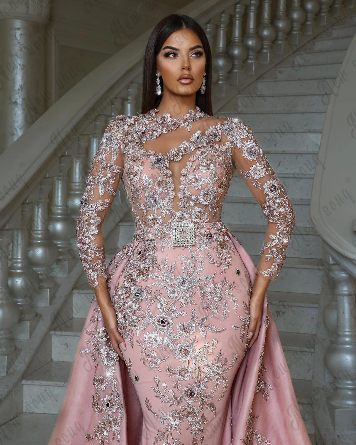 Custom Made Twee Stukken Roze 3D Kant Bloemen Avondjurk Kralen Luxe 2023 Lange Prom Jassen Plus Size Robe De mariee Arabisch