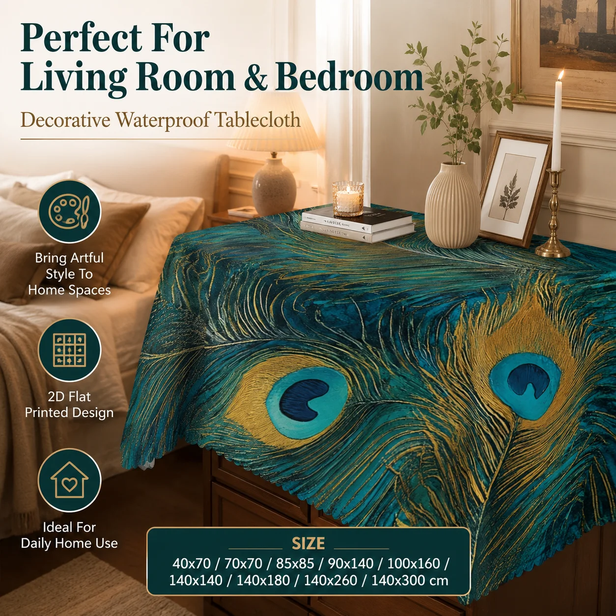 

Peacock Feather Waterproof Polyester Tablecloth 2D Flat Printed Teal Gold Table Cover For Dining Room Banquet Home Decor