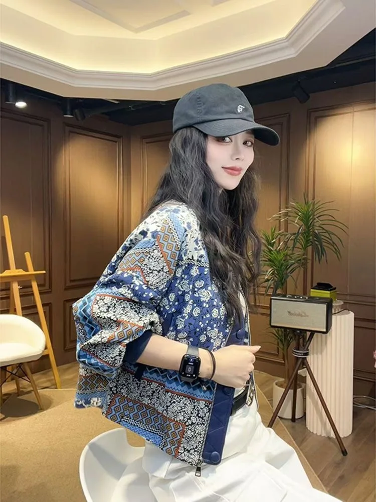 Korean Style Short Baseball Jacket Women's Spring Autumn Stand Collar Print Versatile Short Coat Commute Style Loose Fit Long...