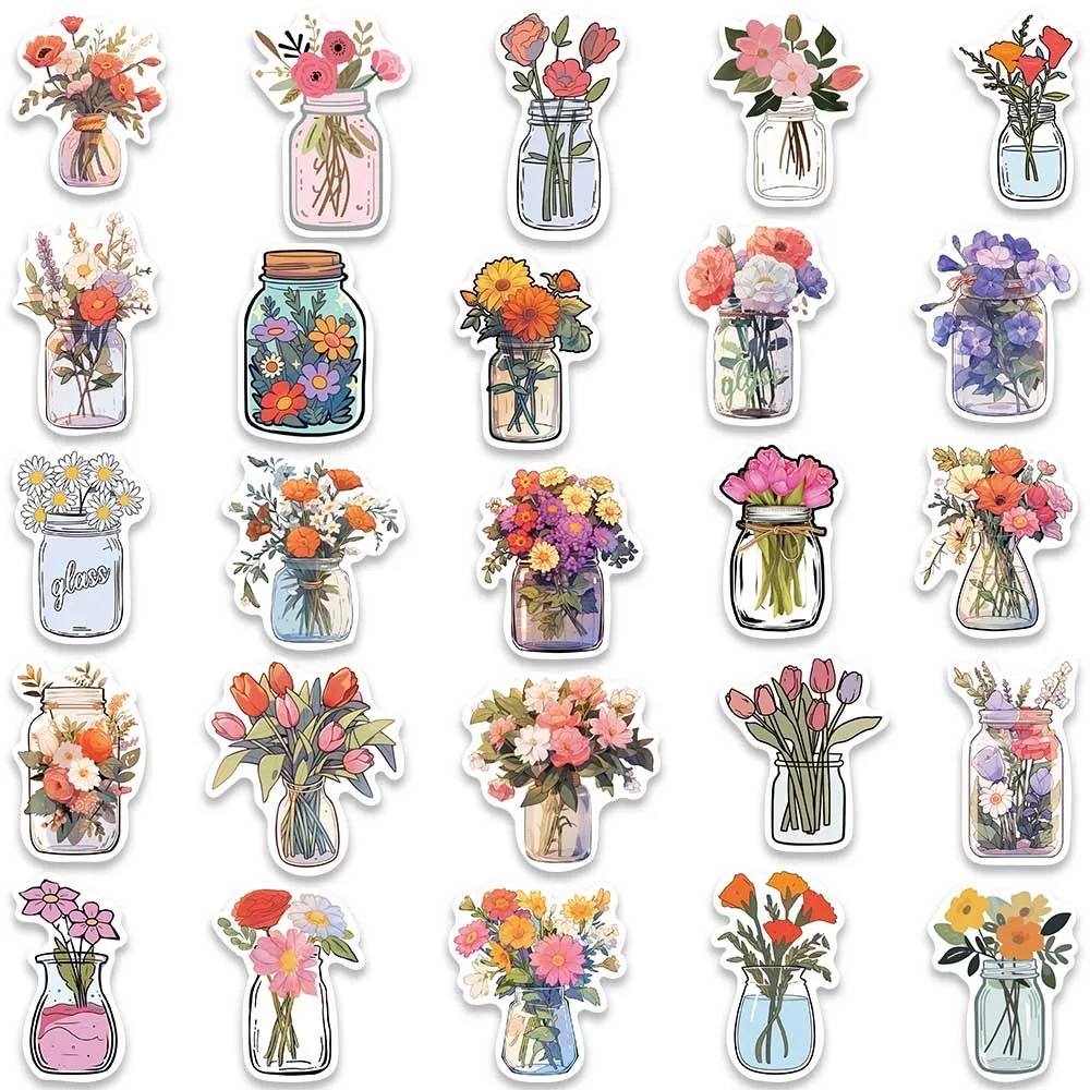 Cute Cartoon Bottle Flower Stickers, Ins Estética DIY, Bagagem, Guitarra, Notebook, Graffiti Decoração, Etiqueta, Brinquedo, 10 Pcs, 50Pcs