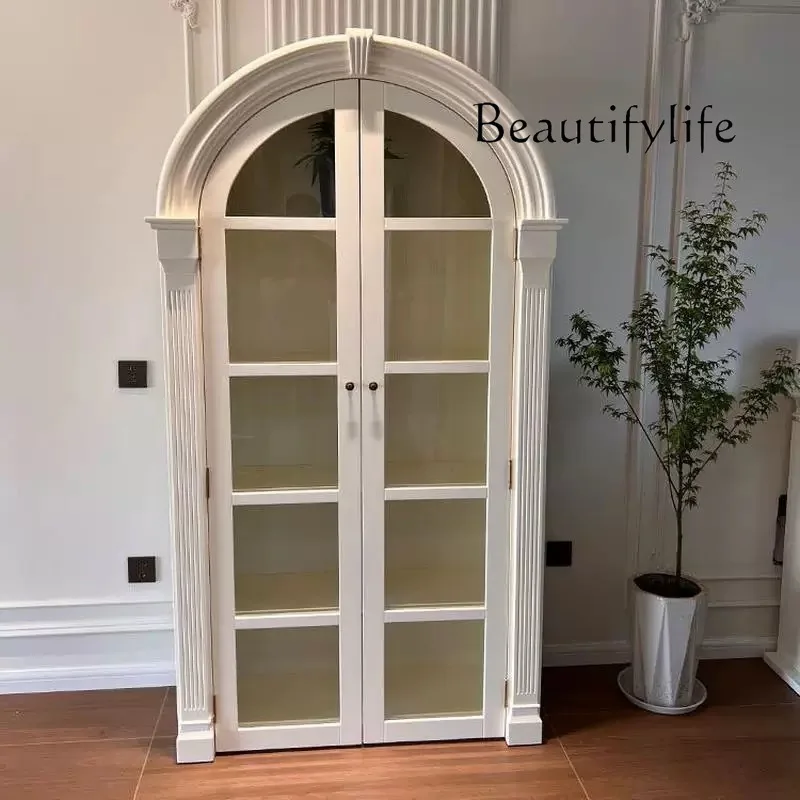 

French retro solid wood arched bookcase antique living room wall locker American glass door display bookshelf