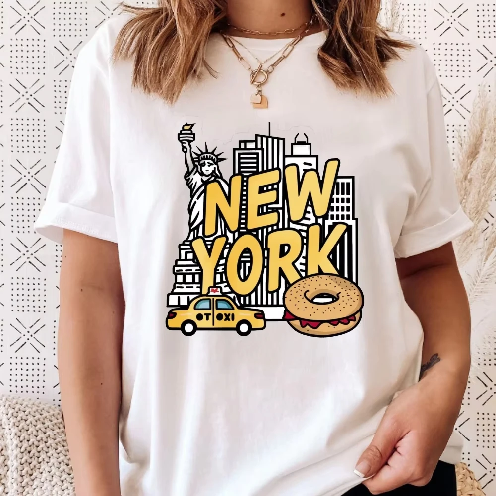 New York Bagel Taxi Graphic Tee Statue Of Liberty Food Travel Souvenir Unisex Tops Trendy Cityb Landmark Printing Cotton Shirt