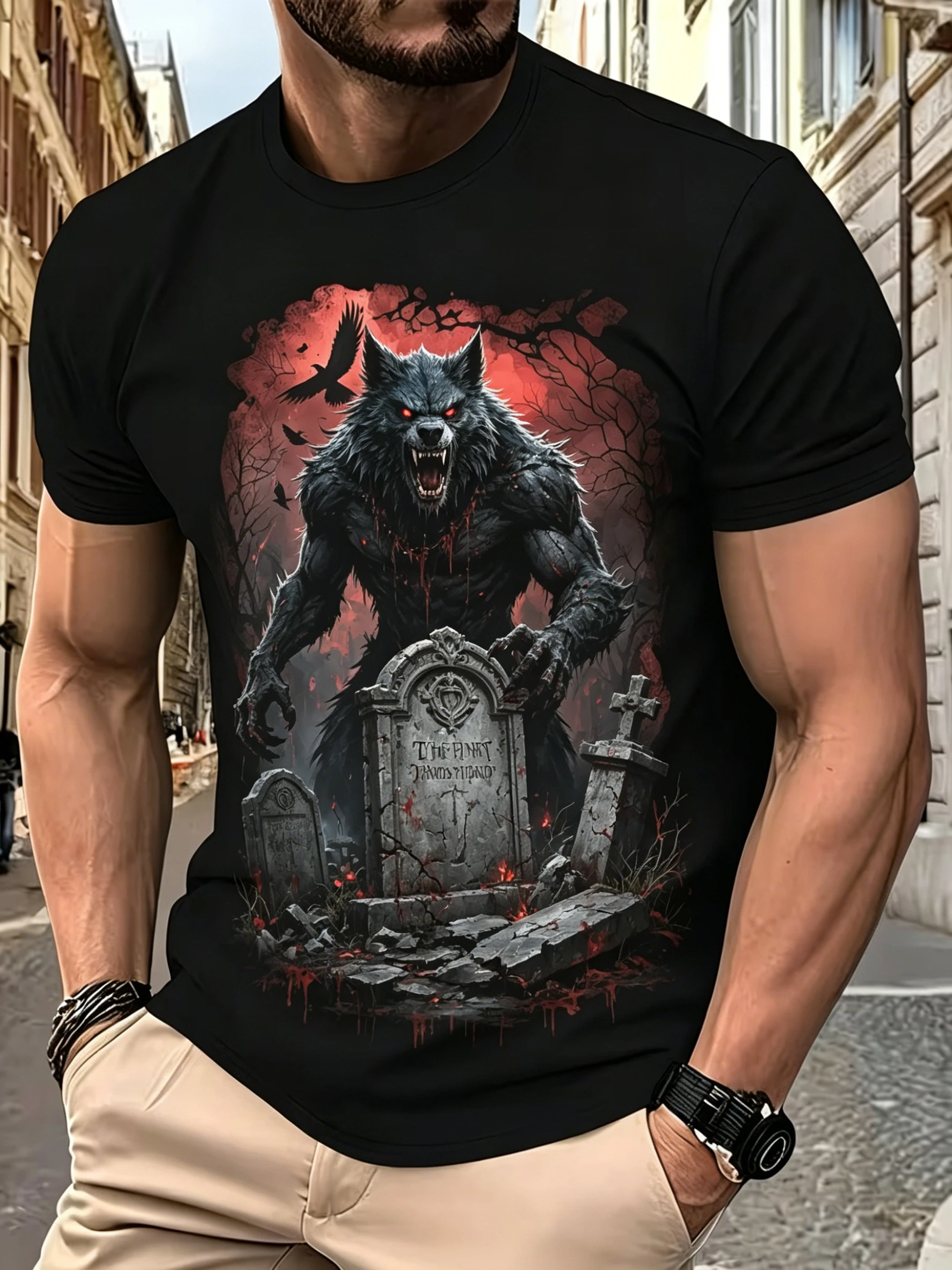 Men's Gothic T-shirt, Short-Sleeved T-shirt with a Scary Werewolf Graveyard Print, Halloween Casual Street Style Top