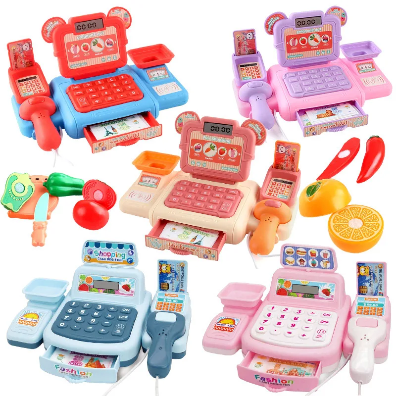 Children Simulation Supermarket Cash Register Toy Set Play with Sound & Light Scanner Fruits Vegetables Grocery Playset for Kids