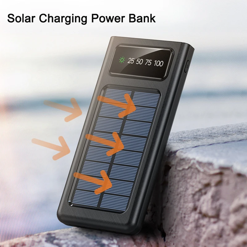 10000mAh Solar Power Bank Built in 4 Cable Powerbank Portable Charger External Battery Pack for iPhone Samsung Huawei P40 Xiaomi