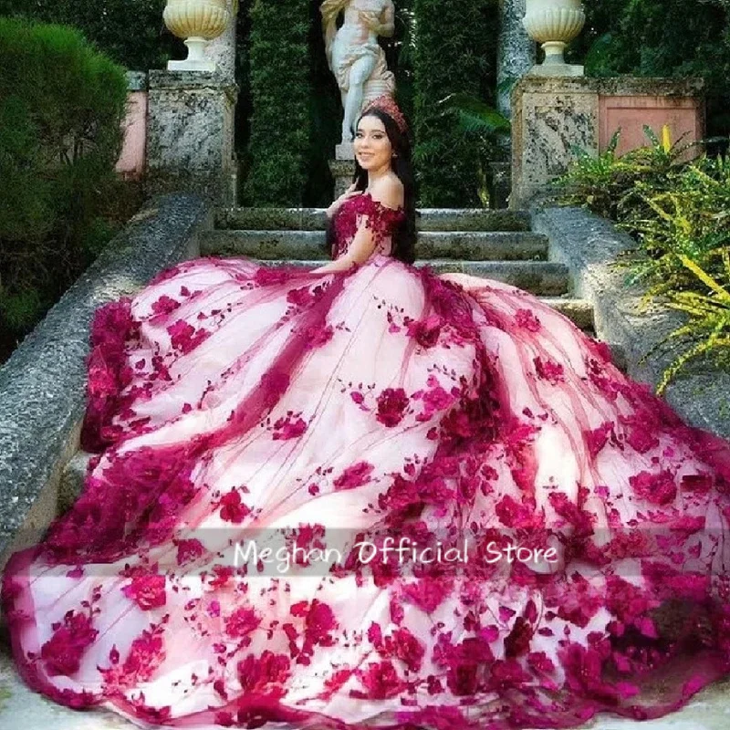 Vestido de quinceañera Floral personalizado, moda de flores 3D, vestido de baile Sexy con hombros descubiertos, vestidos de 15 quinceañera