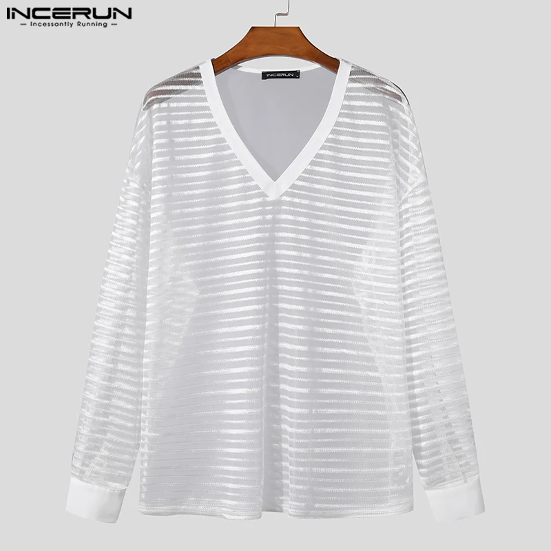 2024 Men T Shirt Striped V Neck Mesh Transparent Loose Long Sleeve Men Clothing Streetwear Fashion Sexy Tee Tops S-5XL INCERUN