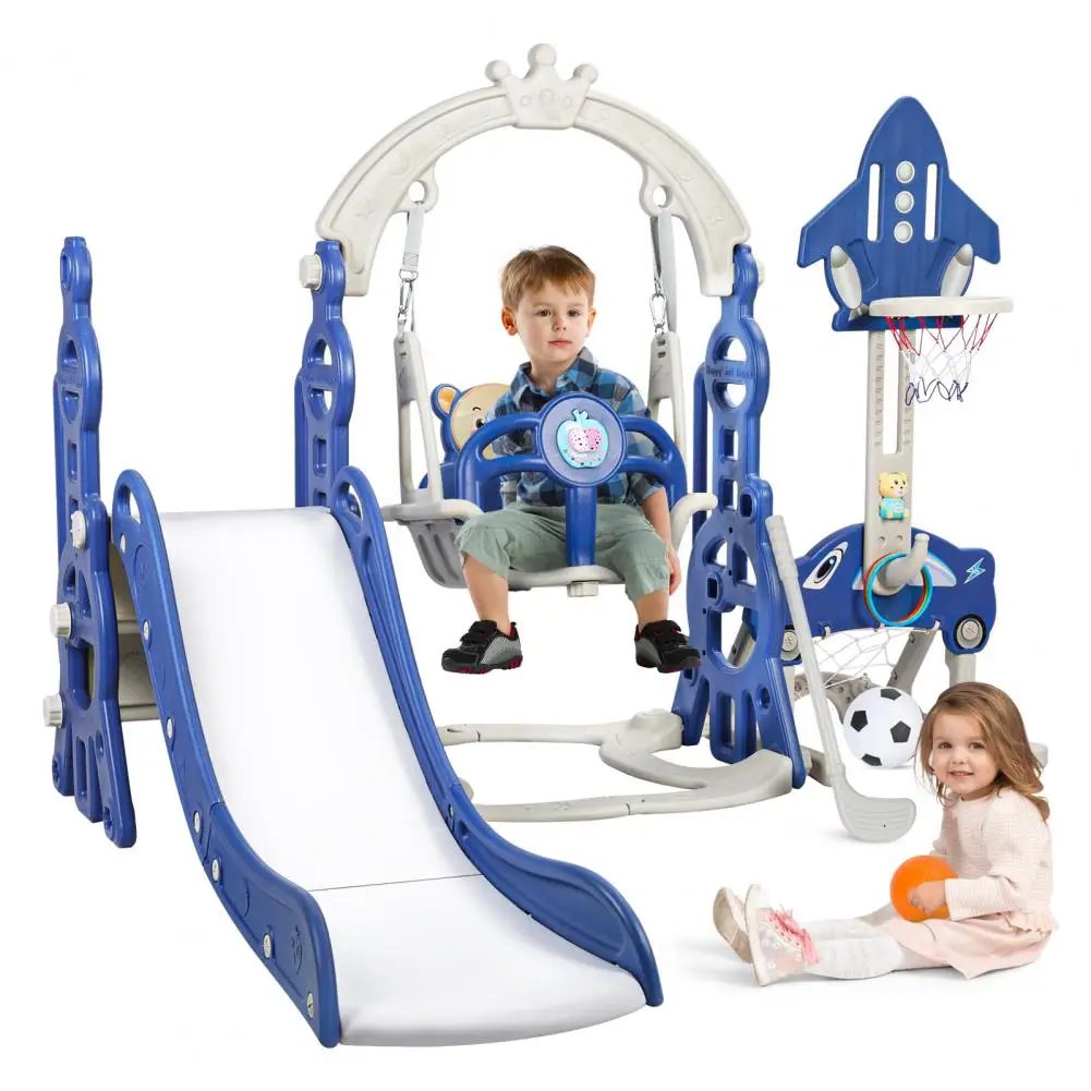 Set altalena per bambini 5 in1, mini parco giochi per bambini a tema cartone animato, parco giochi per bambini indipendente con scala antiscivolo, scivolo, altalena