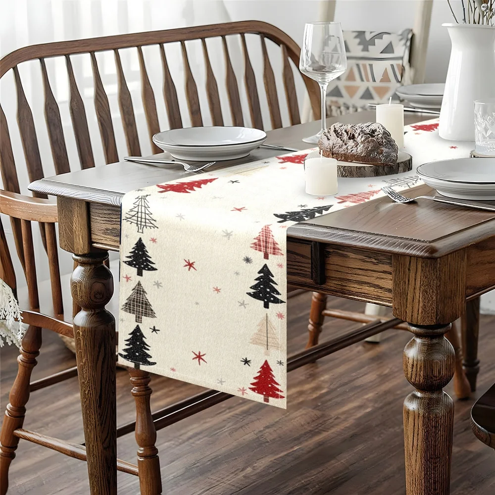 Elegant Red Black Beige Christmas Table Runner with Stylized Pine Trees & Snowflakes - Christmas Decorations For Home