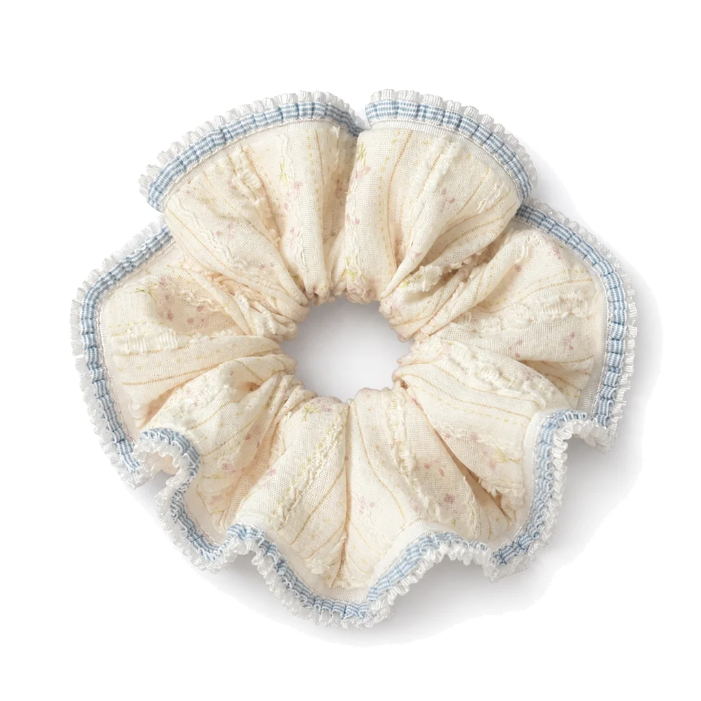 Spring Letter Blue Gingham Ruffle Single-Layer Scrunchie Handmade Elastic Hair Tie for Ponytail and Bun