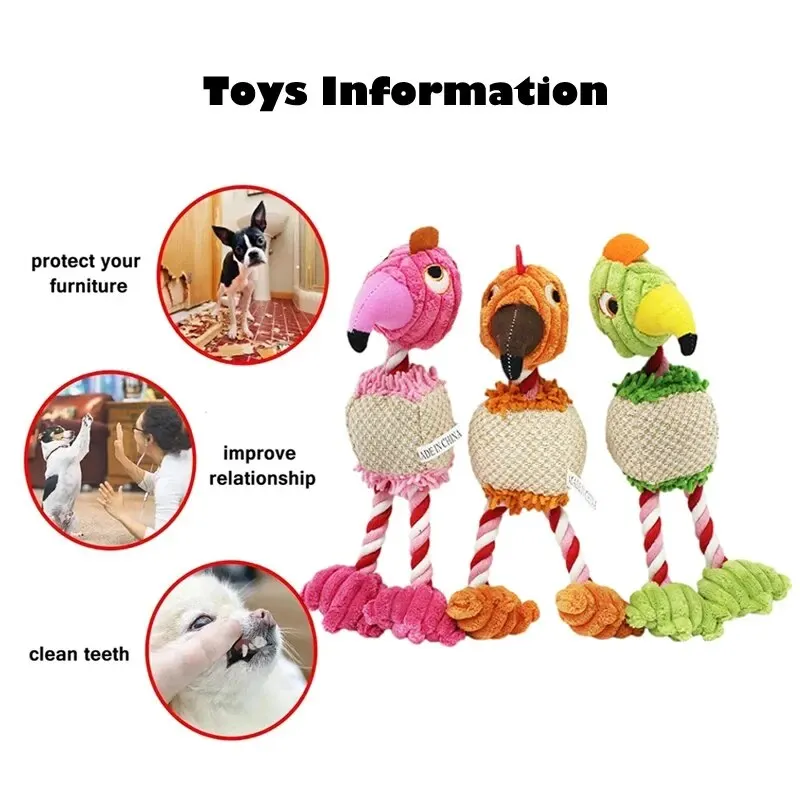 Parrot Shape Plush Dog Toys Lovely Bright Color Flamingo Bite Resistant Teeth Grinding and Sound Producing Pet Chew Squeaky Toy