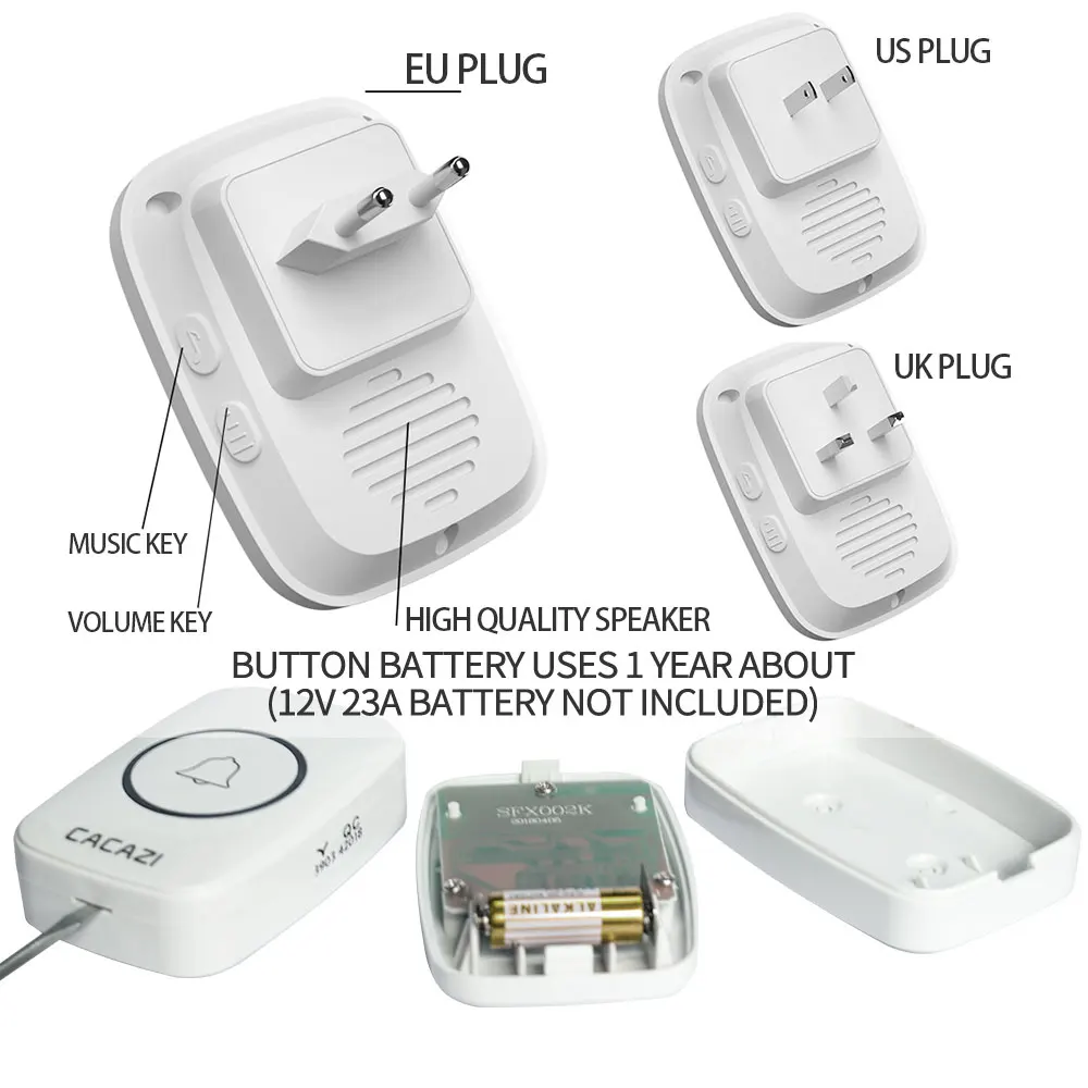 Cacazi campainha sem fio à prova dwireless água 1 2 botão da bateria 1 2 receptor eua ue reino unido au plug casa chamando sino 60 sinos 300m remoto