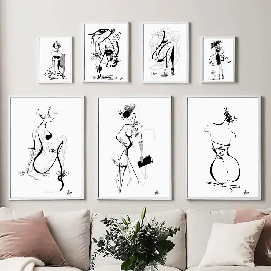 Wall Art Canvas Painting Paris Fashion Dress Lady Abstract Black White Nordic Posters And Prints Home Decor Pictures Living Room