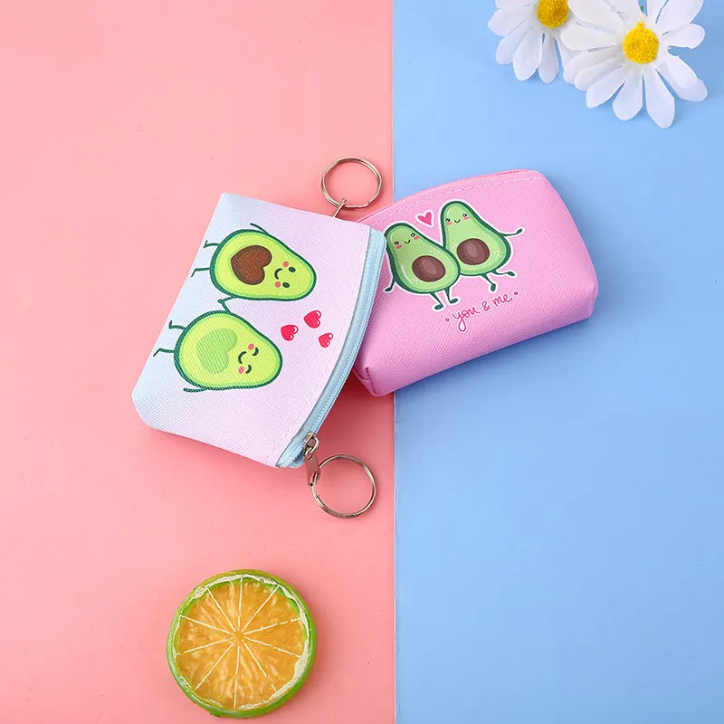 Petit porte-monnaie à fermeture éclair pour femme, mini portefeuille, sac à main en PU, imprimé avocat de dessin animé, rangement pour clés cosmétiques