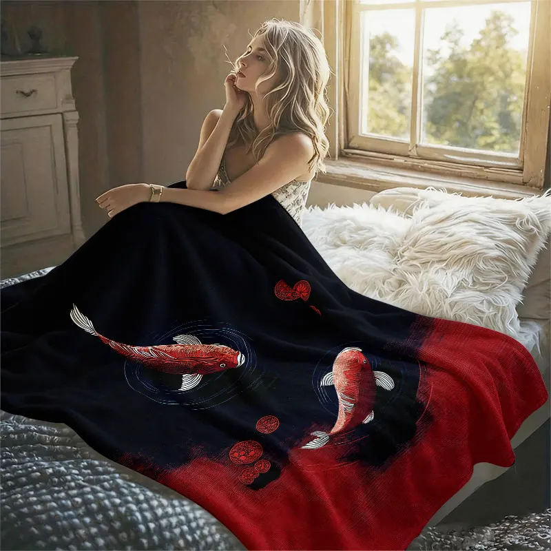 Red Koi Fish Pond Dark Flannel Blanket Perfect for Sofa Office Bed Travel Sleep Read Relax Camping Four Season Use